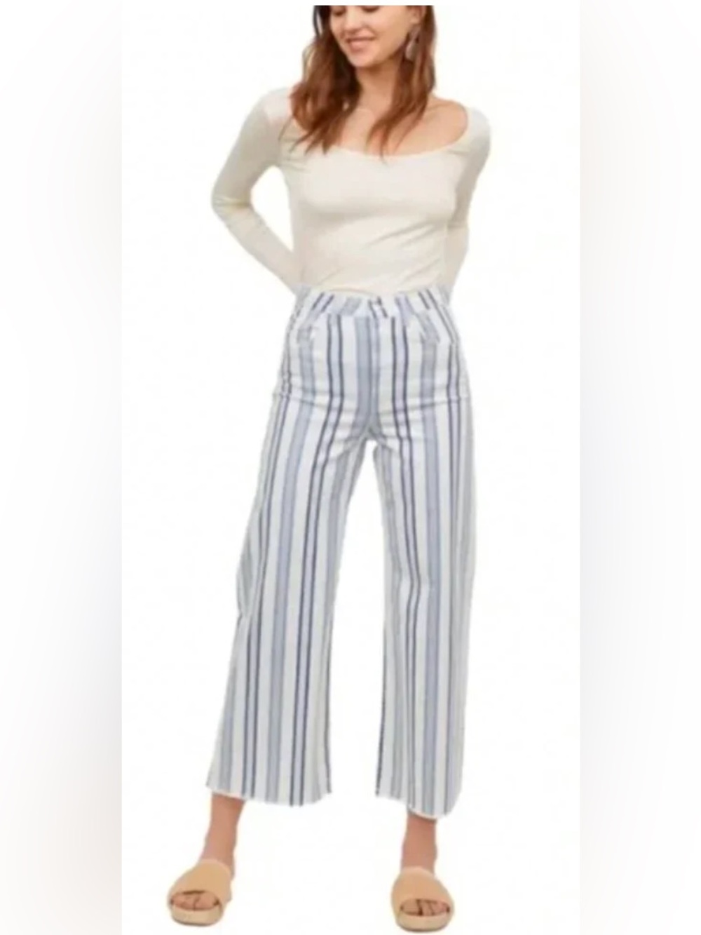 H&M High Rise Cream & Blue Pinstripe Cropped Wide Leg Jeans Women's US Size 12